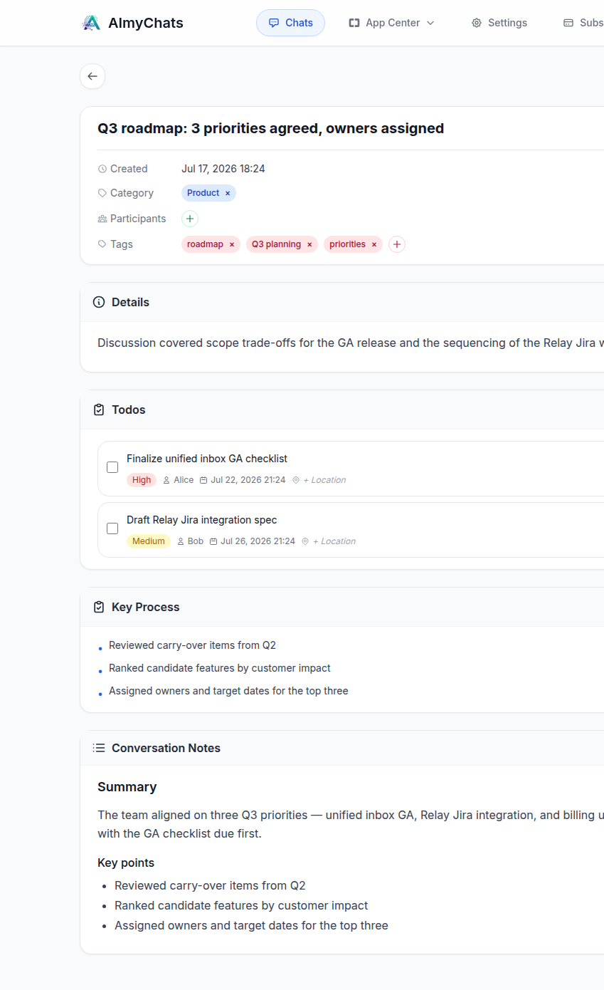Chat detail — summary, tags, TODOs and key process