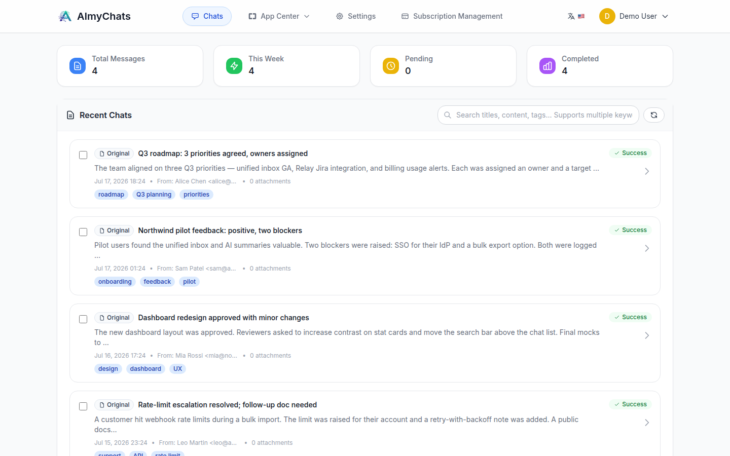The Devify console — recent chats