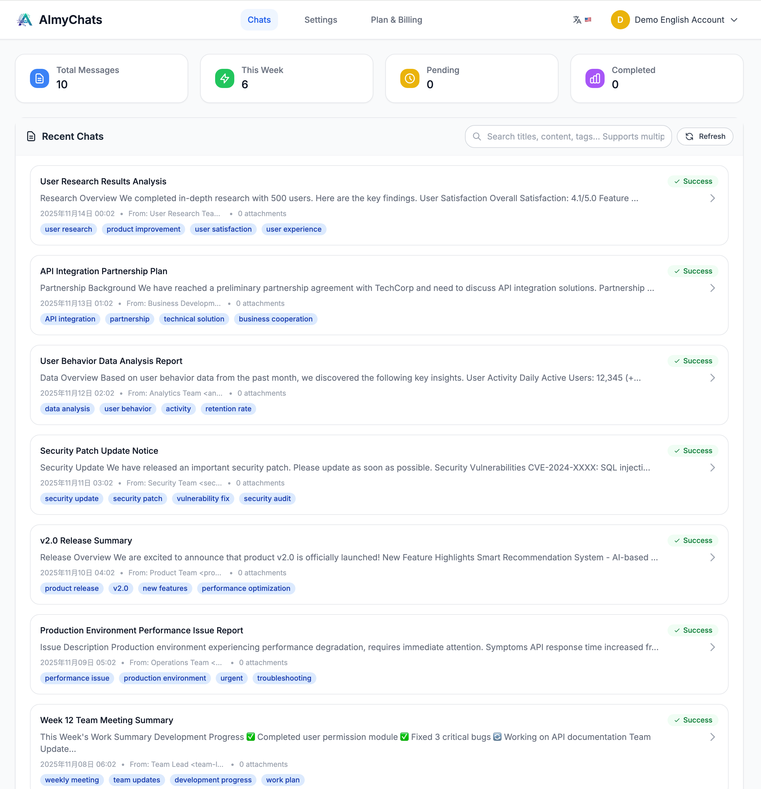 AImyChats product screenshot - List view